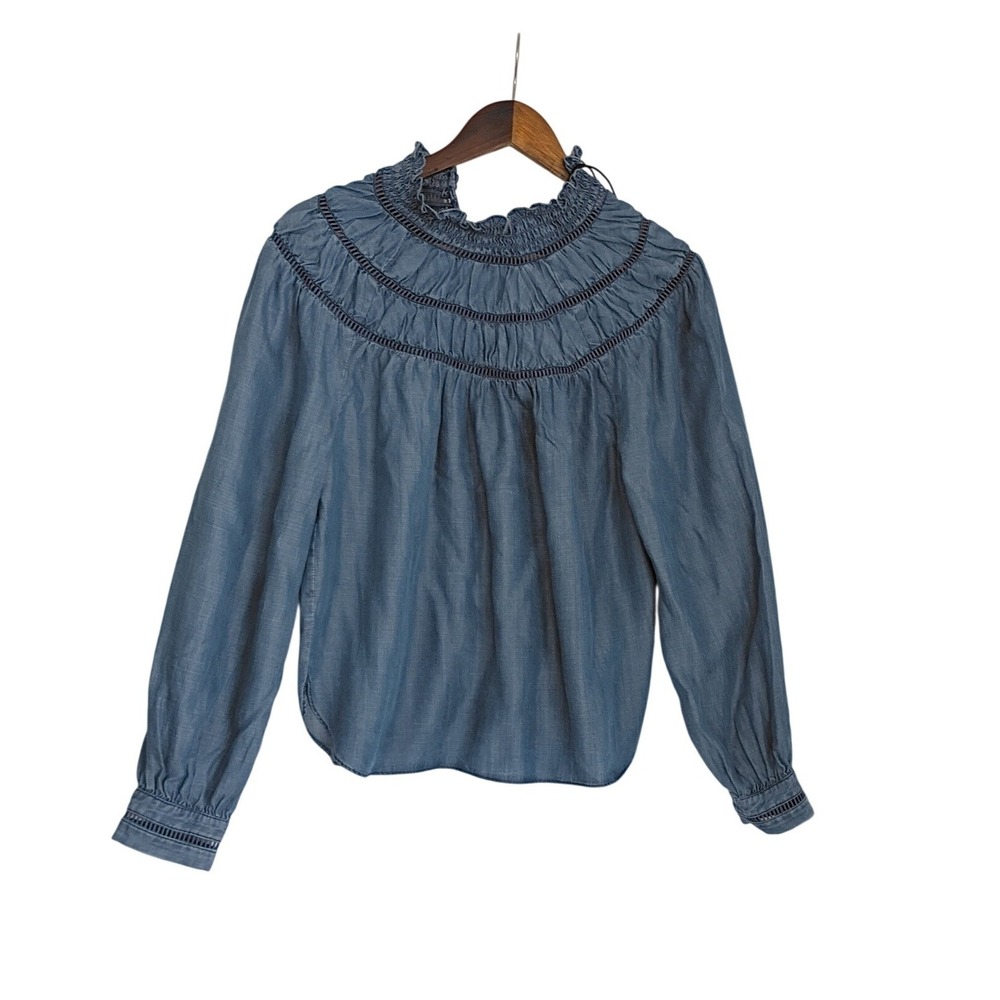 NWT Rebecca Minkoff Jordana Tencel Chambray‎ Smocked Denim Blouse S MSRP$198